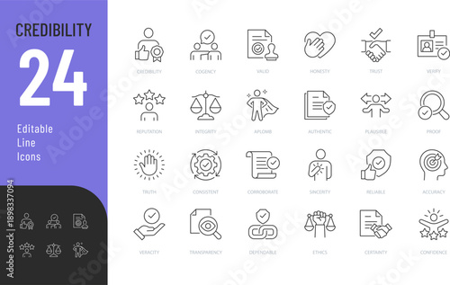Credibility Line Editable Icons set. Vector illustration in modern thin style of business related icons: trust, honesty, integrity, and more. Isolated on transparent background.
