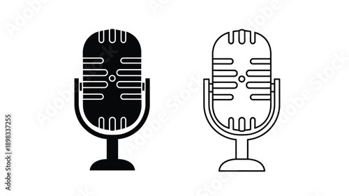 Two vintage microphone icons presented in a stark black silhouette