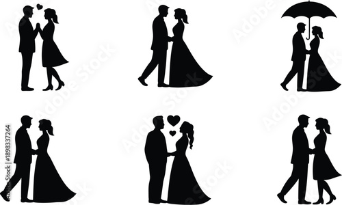 Wedding and proposal couple silhouette icon set featuring romantic love poses engagement marriage celebration symbols clean vector illustration design