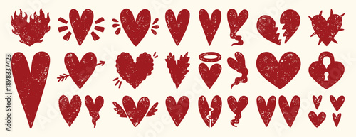Grunge textured hearts in bold aggressive romantic style, hand drawn distressed red or pink love symbols
