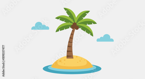 Tropical Island Palm Tree with Coconuts and Clouds