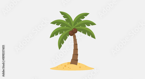 Tropical Palm Tree with Coconuts on Sandy Island, Flat Design
