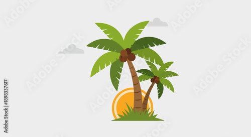 Tropical Palm Trees with Coconuts and Sun on Gray Background