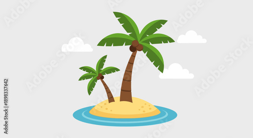 Tropical Island Paradise with Palm Trees and Clouds, Vector Illustration