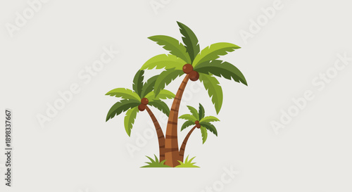 Stylized illustration of three palm trees with coconuts and green leaves on a light gray background.