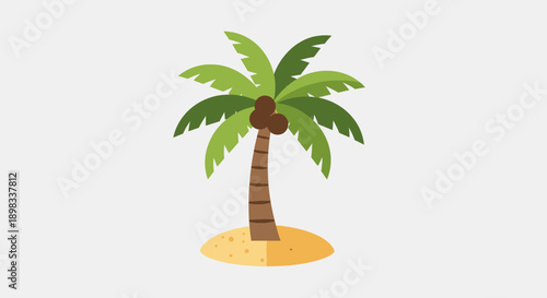 Stylized tropical palm tree with coconuts on a sandy island, flat design.