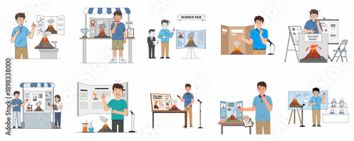 Stressed student presenting volcano science fair project to judges, dealing with performance anxiety and academic competition pressure illustrated set.
