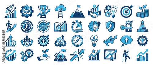 Set of Business Growth and Success Vector Icons Featuring Financial Charts Rocket Launches Trophies and Strategic Planning Concepts