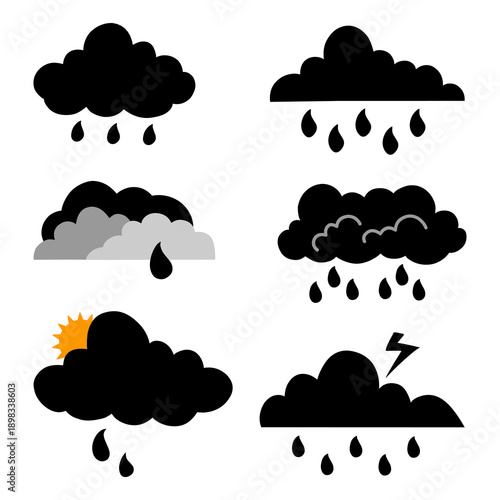 Vector icon set of rainy season weather. Clouds with rain, sun, and lightning represent light rain, heavy rain, and rain accompanied by lightning.