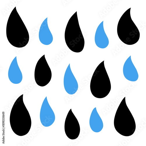 Vector of water drop pattern, alternating black and blue droplets isolated on white background.