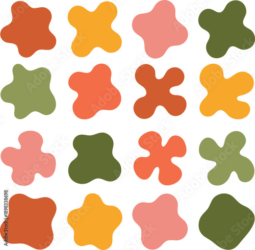 A vibrant and playful collection of sixteen unique, organic, and irregularly shaped blob forms in a cohesive palette of earthy and muted colors