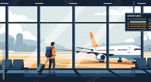 Man with Luggage at Airport Terminal Window.