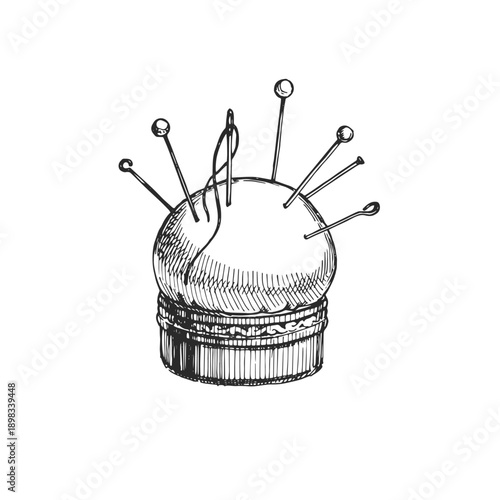 Vintage pincushion vector sketch. Hand-drawn sewing needle holder for craft design