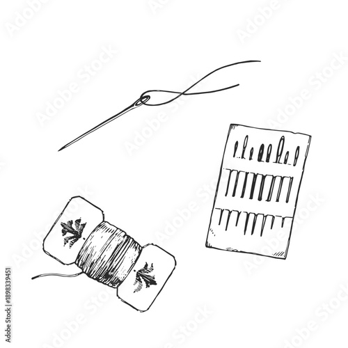 Vintage sewing needles set. Hand-drawn thread floss bobbins and embroidery pack. Retro craft supplies in ink style.