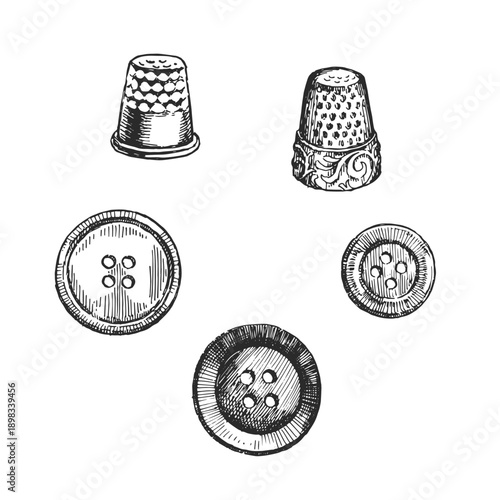 Vintage sewing buttons and thimbles vector. Hand-drawn tailor metal protection tool and plastic fasteners. Retro craft supplies in ink style.