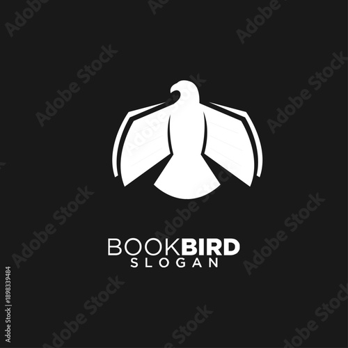 Book Bird Logo Design. Stylized White Bird with Open Books as Wings, Representing Knowledge, Education, and Literature, Isolated on Black Background.