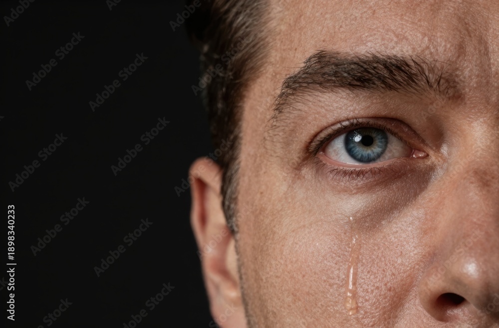 Obraz premium Dramatic close-up portrait of a distressed adult man shedding a tear against a stark black background, symbolizing sadness and deep emotional pain.