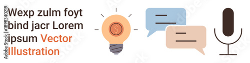Communication, creativity, brainstorming, podcasting, dialogue, innovation. A light bulb, two speech bubbles and a microphone are . Communication and creativity concepts