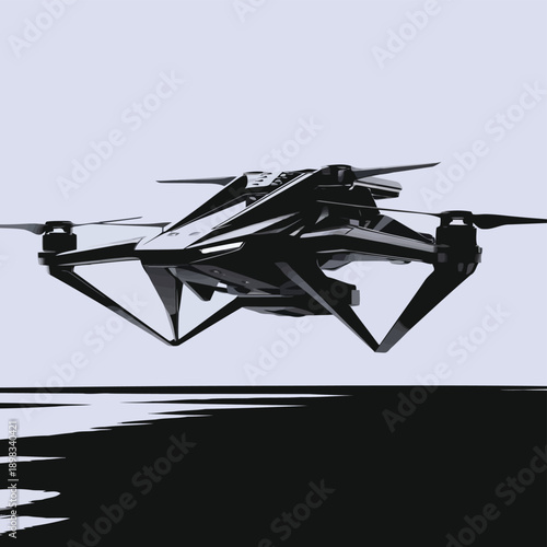 Futuristic drone flying over a dark, reflective surface with sleek design elements