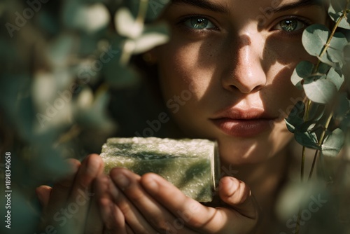 Natural Woman Holding Eco-Friendly Soap Bar Amidst Green Leaves