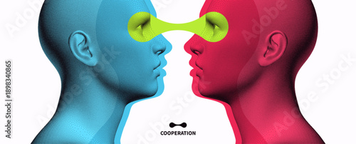 Communicating people. Visual contact. People talk face to face. Concept of artificial intelligence, reading or copying data, mental communication. Telepathy. 3D vector for cover, presentation, etc.