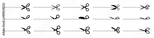 Scissors cutting line icons collection in black. Various open and closed scissor positions with dashed cutting paths