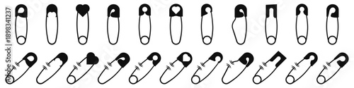 Safety pin icons collection in black. Different pin shapes in closed and open positions