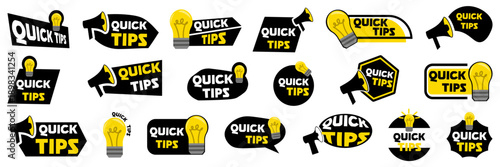 Quick tips labels and badges collection in color. Speech bubbles, signs and megaphone shapes with text highlights