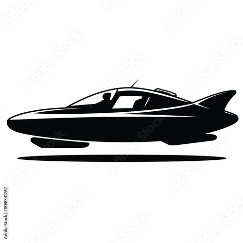 Sleek futuristic hydrofoil boat gliding over calm waters with streamlined design