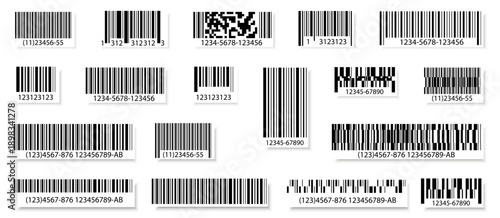 Barcode labels and codes collection in black. Various retail and product scanning barcodes