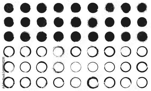 Hand drawn circle brush collection in black. Rough ink round shapes and imperfect rings