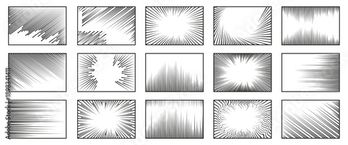 Comic speed lines frames collection in black. Dynamic action backgrounds with radial and motion effects
