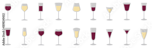 Wine glass icons collection in color. Red and white wine glasses with different shapes