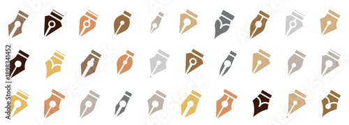 Fountain pen nib icons collection in warm colors. Calligraphy and writing tool symbols in flat style