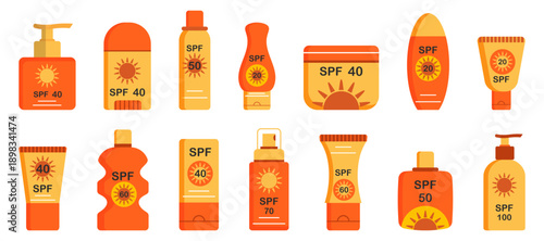 Sunscreen bottles and tubes collection in color. Different cosmetic containers with SPF protection symbols