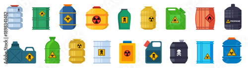 Hazard chemical barrels and containers collection in color. Toxic, flammable and radioactive warning symbols on tanks