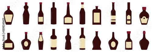 Wine bottle silhouettes collection in dark red. Various bottle shapes with blank labels