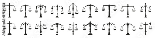 Scales of justice silhouettes collection in black. Legal balance symbols in classic and decorative styles