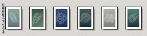 Abstract contour line wall art frames collection. Minimal topographic shapes inside modern picture frames