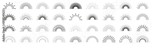Sunburst and sunrise rays collection in black. Decorative radial light shapes and abstract sun elements