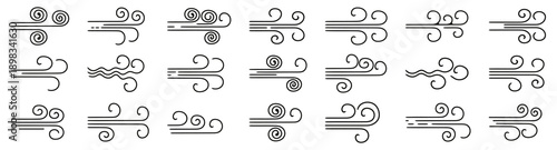 Wind and air flow swirl icons collection in black. Curved lines showing breeze and motion effects