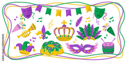 Mardi Gras festive elements with masks, crown, beads, king cake, trumpet, drum,  jester hat, feathers and bunting in traditional purple, green and gold colors. Editable vector illustration.