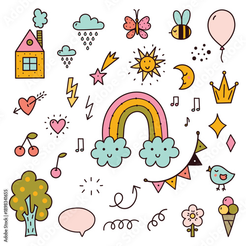Cute colorful kid background  flower, stars, heart, rainbow icon. Hand drawn doodle sketch kid art element set.