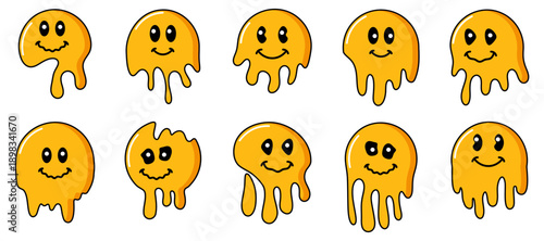 Cute slime character icons collection in color. Smiling liquid cartoon blobs with dripping shapes