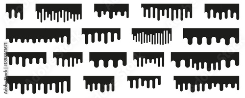 Dripping paint shapes collection in black. Abstract liquid drips and flowing edges