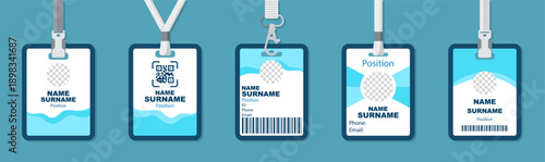 ID badge and lanyard templates collection in color. Employee name cards with barcode and QR code