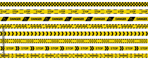 Warning and caution tape collection in yellow. Industrial hazard stripes with danger and stop messages
