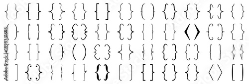 Curly brackets symbols collection in black. Decorative braces in various styles and shapes