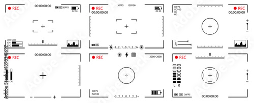 Camera viewfinder interface elements collection in black. Recording frame overlays and focus marks