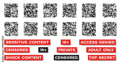 Pixelated censored and sensitive content blocks collection in black. Abstract square patterns for digital access concepts